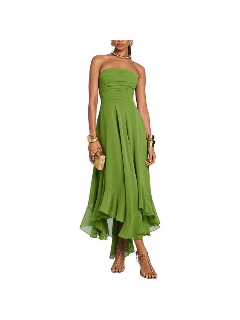 Strapless Olive Green Ruffled Midi Dress